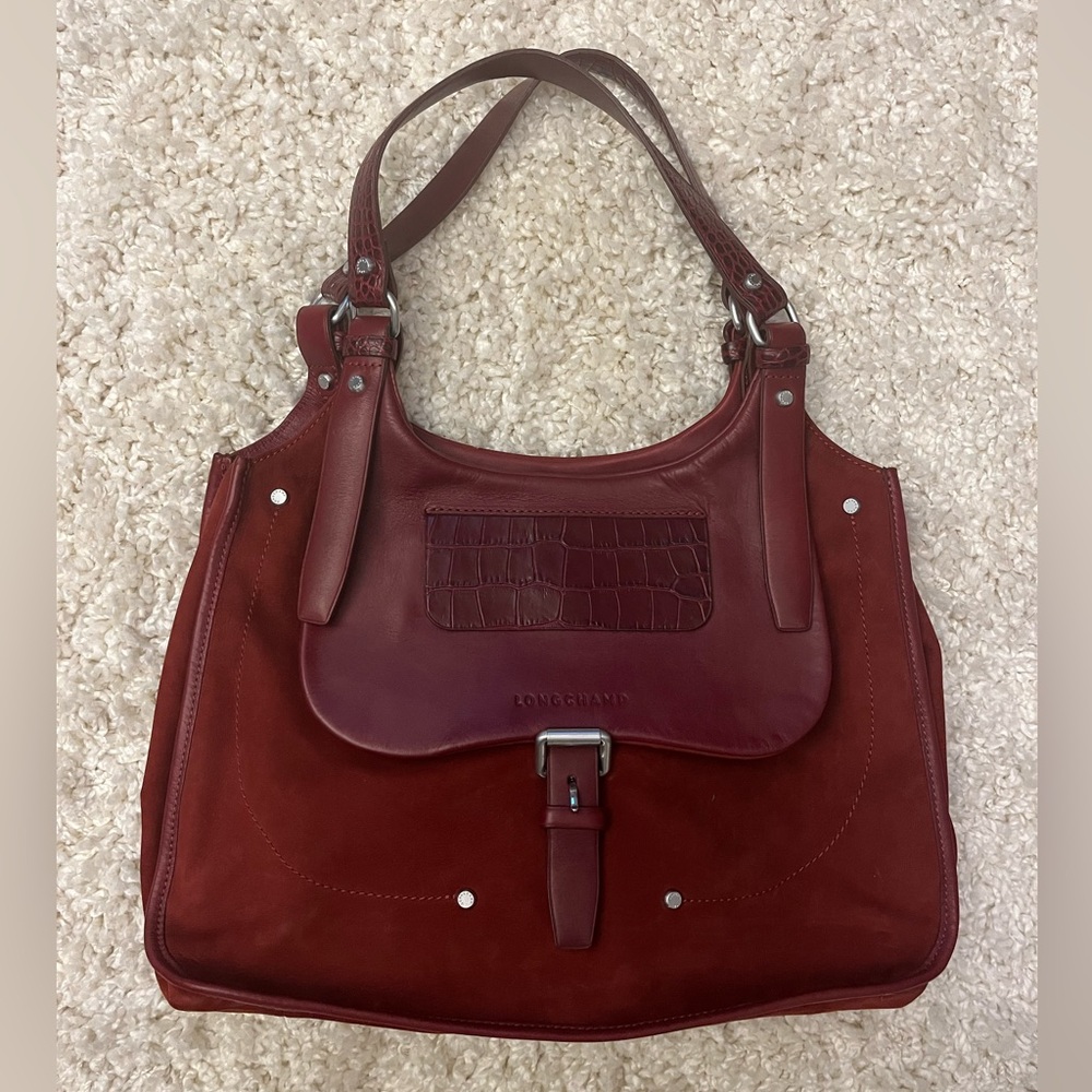NWOT Longchamp Red Burgundy Leather Suede Crocodile Women's Bag